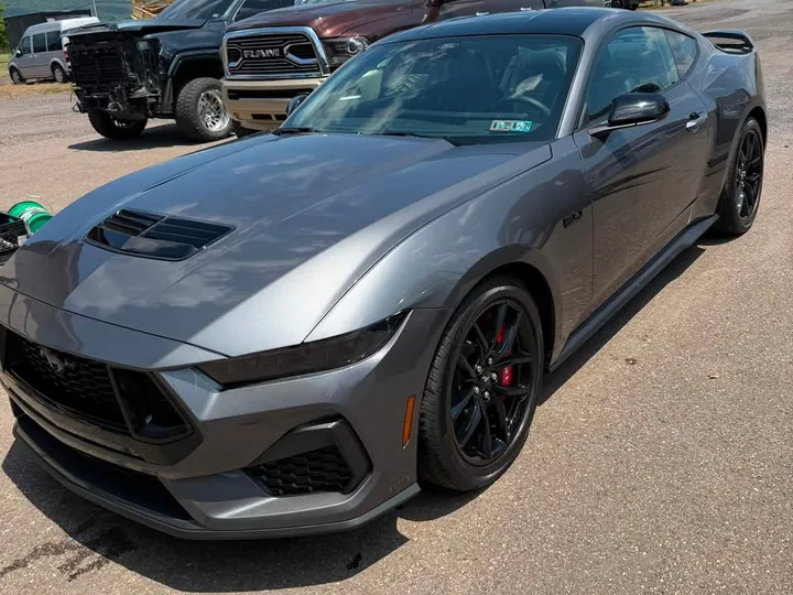 Gray Ford Mustang with a clean exterior and dark wheels